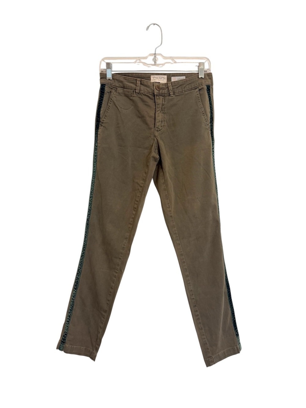 Anthropologie CHINO Relaxed Pants Women’s 26 Olive Green Velvet Side Stripe